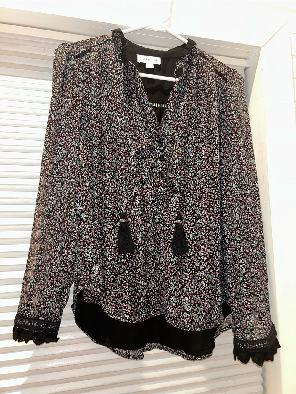Allison New York | Black Floral Sheer Long Sleeve Blouse | Tassel Tie | Size S